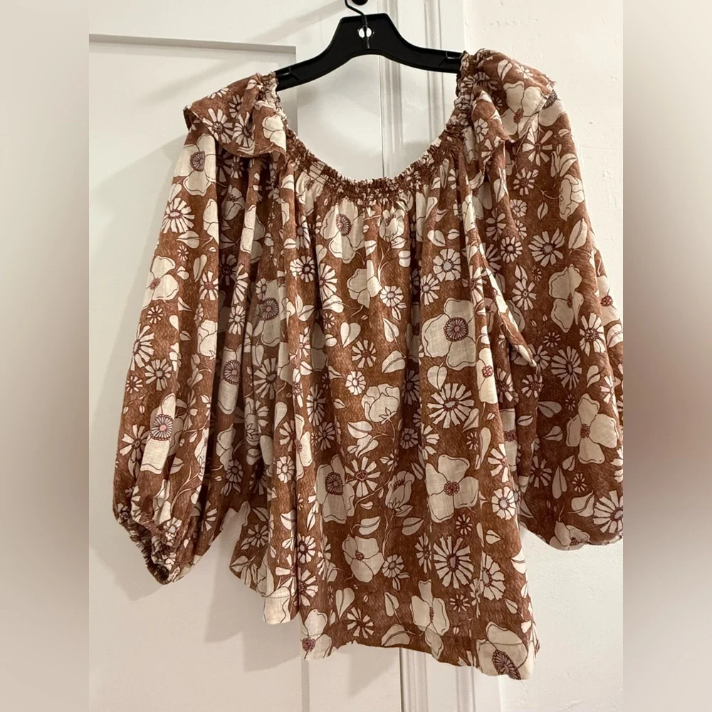 Free People brown puff sleeve blouse w/ floral pattern (read description) (fair)